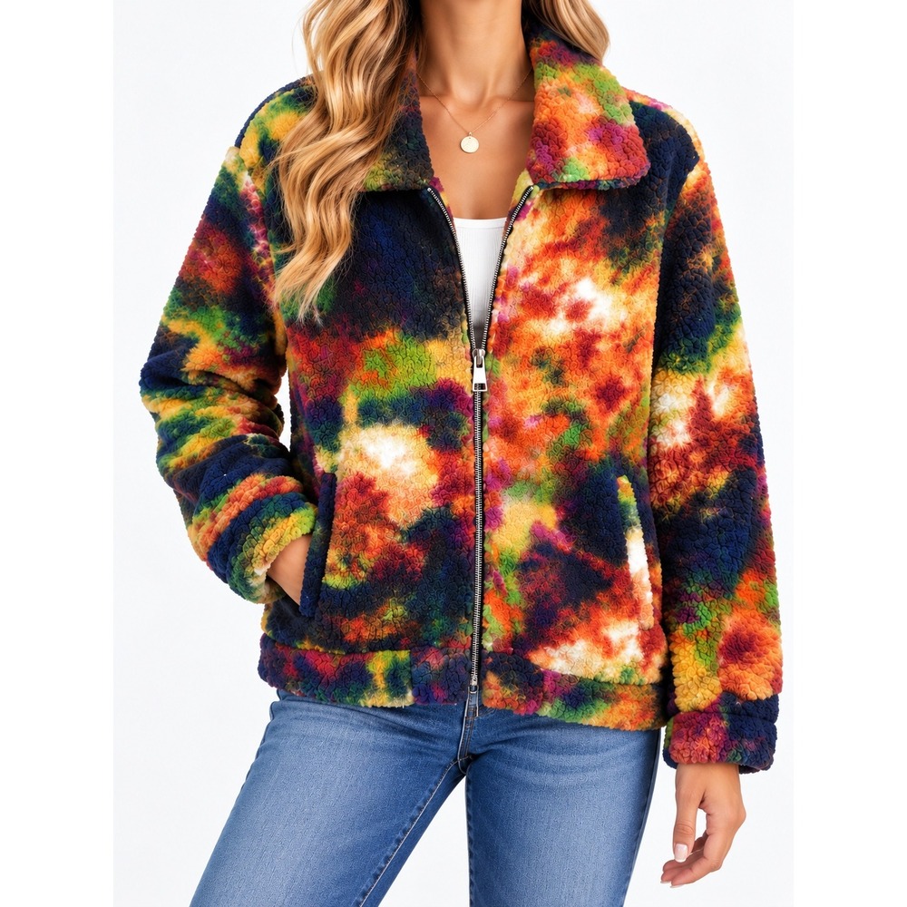 Sabrina Lauren Tie Dye Sherpa Fleece Jacket Multi Color Zip Up Large NWT SA2634